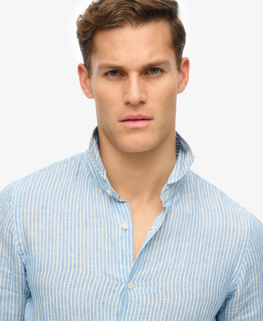 Vacation Long Sleeve Linen Shirt | Azure Blue Stripe
