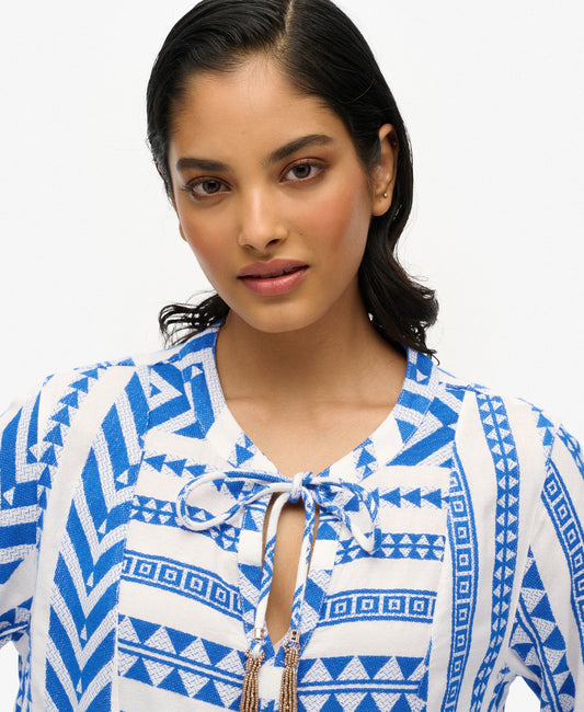 Ibiza Long Sleeve Tiered Mini Dress | Ecru Blue Emb