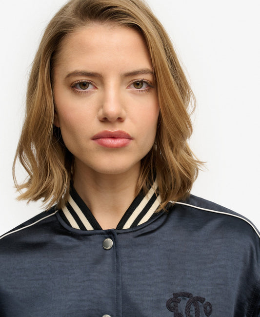 Varsity Satin Slim Fit Bomber Jacket | Eclipse Navy