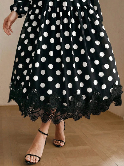 Women's Polka Dot Chiffon Lace Splice Tie Waist Elegant Dress