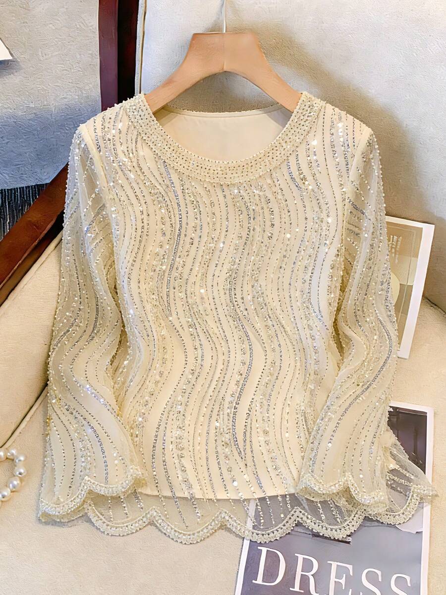 Elegant Luxurious Beaded & Sequin Round Neck Top