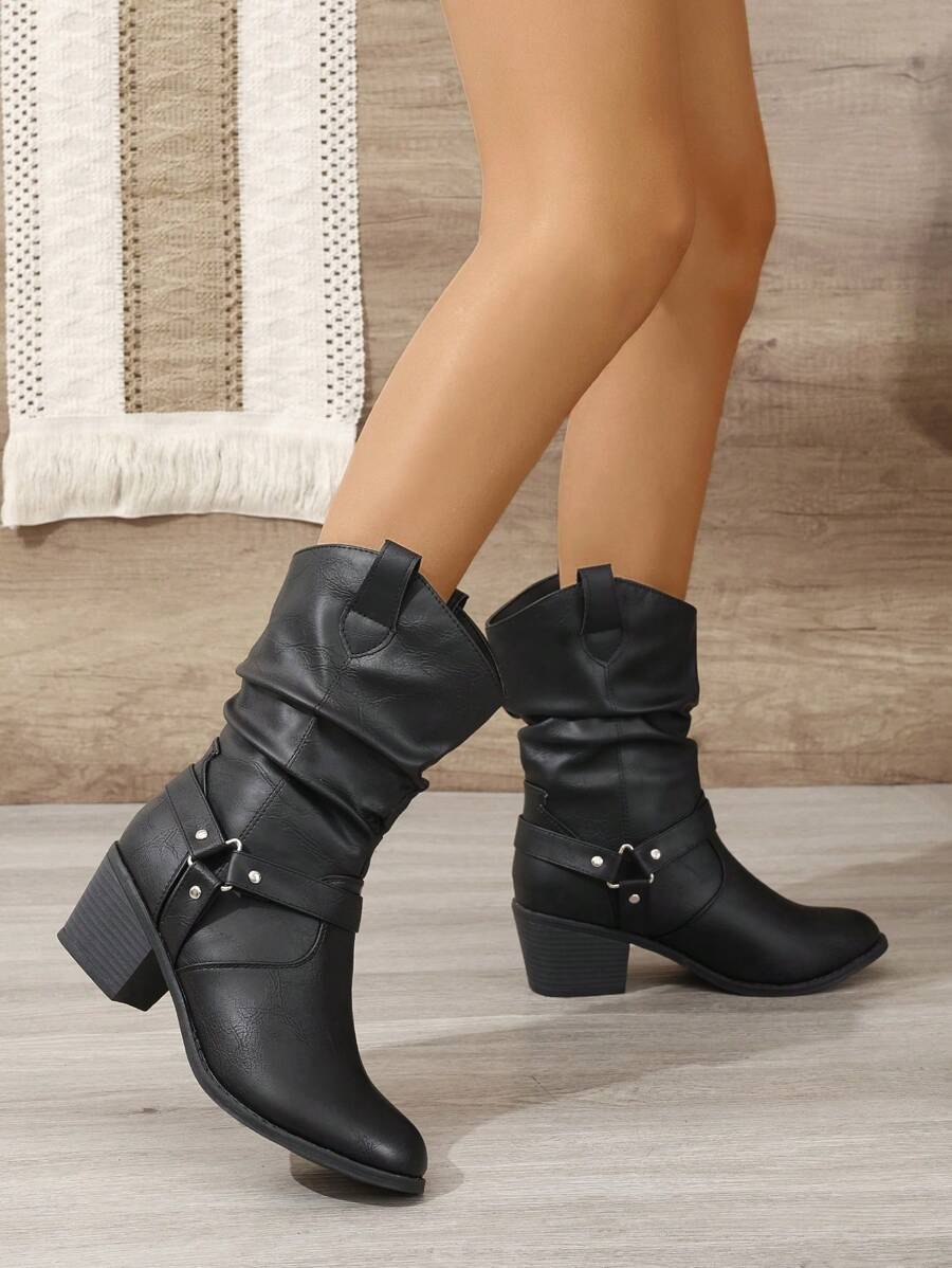 Buckle Decor Mid Calf Casual Riding Boots