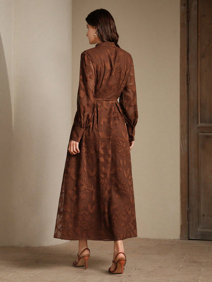 Elegant Floral V-Neck Lantern Sleeve Waist Cinched Dress
