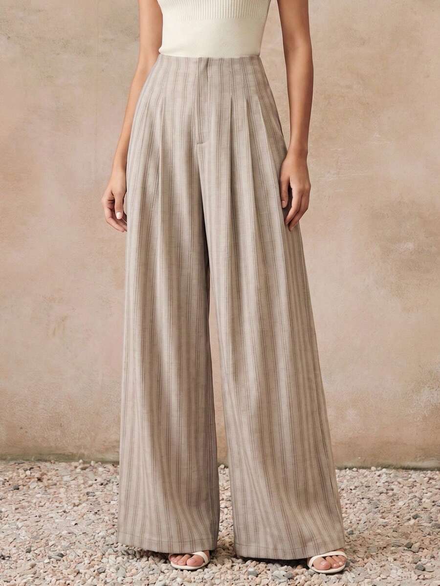 High Waist Pleated A-Line Striped Wide Leg Trousers