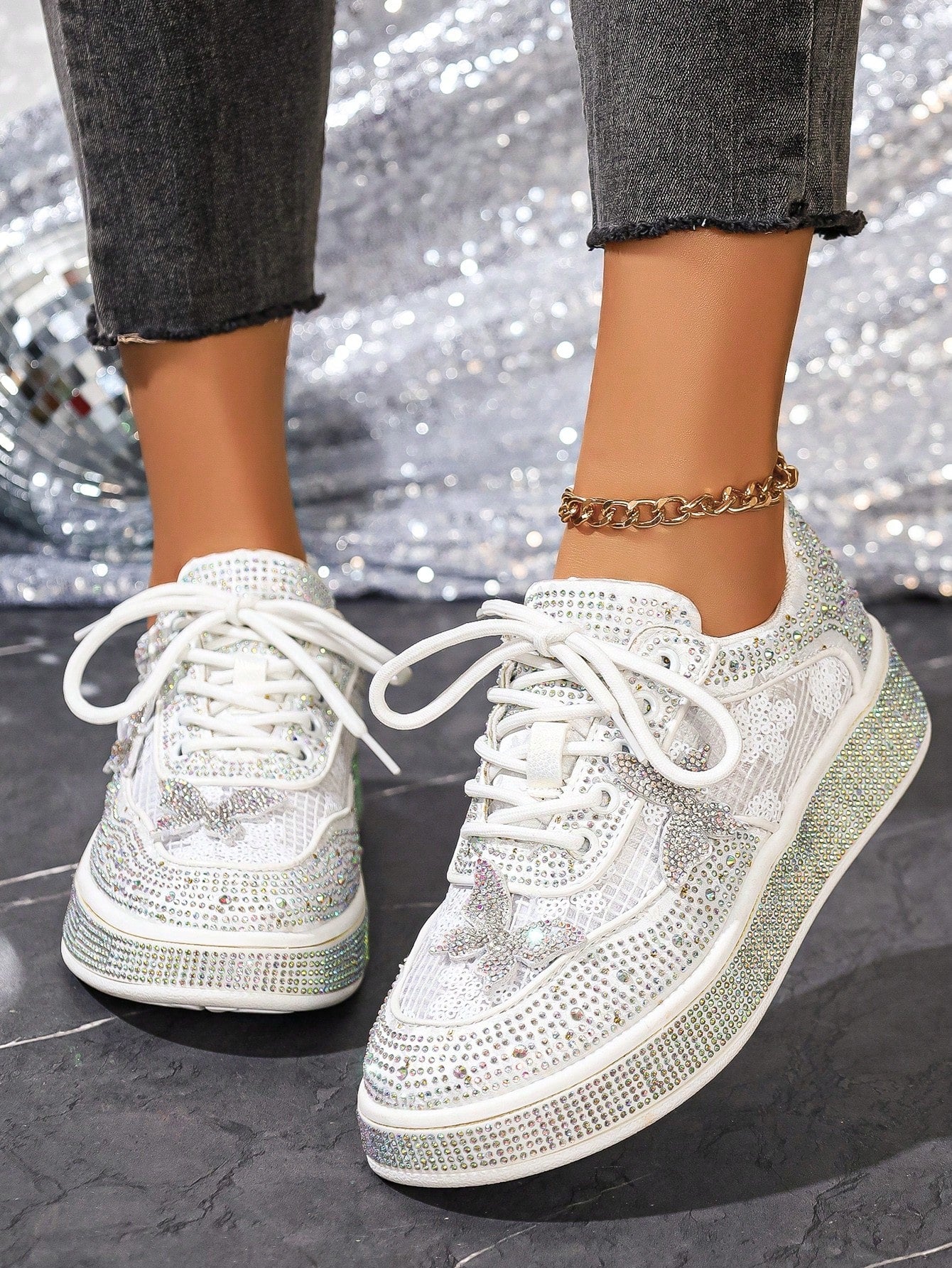 Comfortable Ultra-Light Fully Rhinestoned White Sneakers