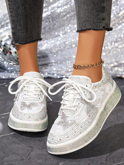 Comfortable Ultra-Light Fully Rhinestoned White Sneakers