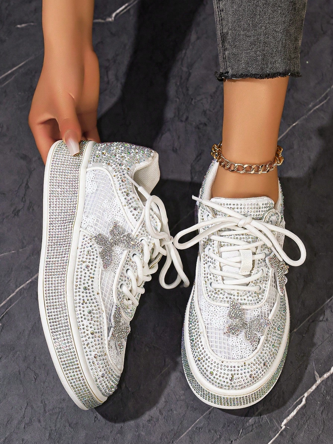 Comfortable Ultra-Light Fully Rhinestoned White Sneakers