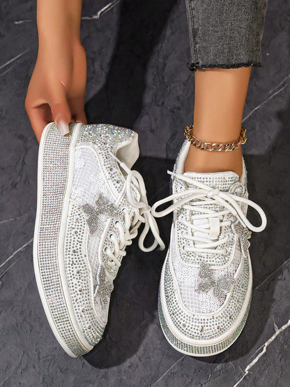 Comfortable Ultra-Light Fully Rhinestoned White Sneakers