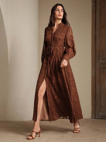 Elegant Floral V-Neck Lantern Sleeve Waist Cinched Dress