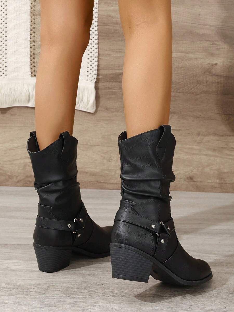 Buckle Decor Mid Calf Casual Riding Boots