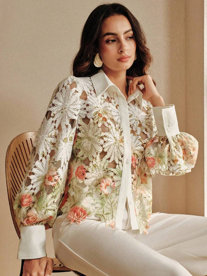 Women's Lightweight Luxury Versatile Printed Hollow Blouse