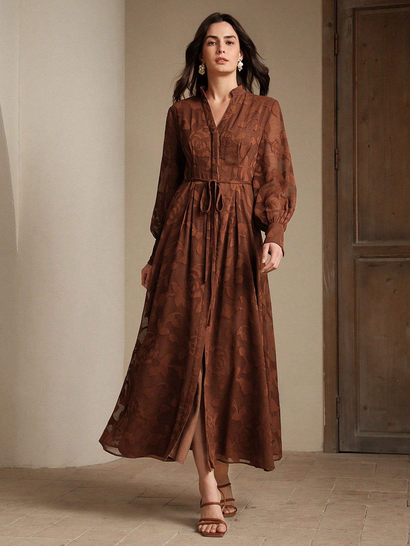 Elegant Floral V-Neck Lantern Sleeve Waist Cinched Dress