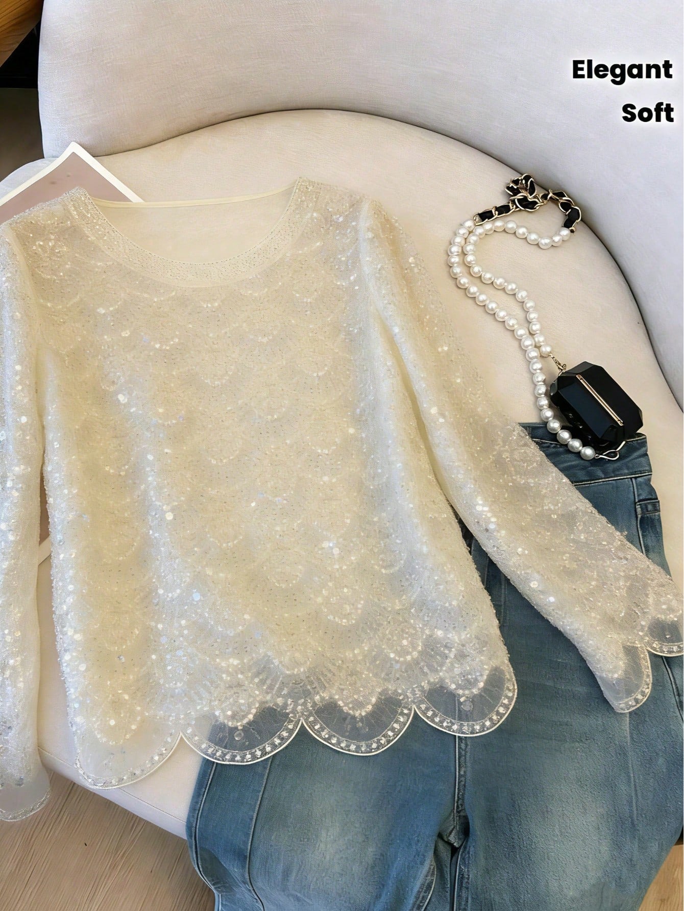 Women's Handmade Faux Pearl Tassel Semi-Sheer Blouse