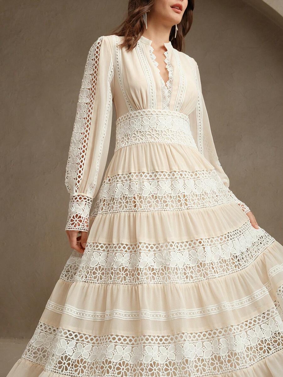 French Fashion Palace Hollow Splice Soft Lace Trim Maxi Dress