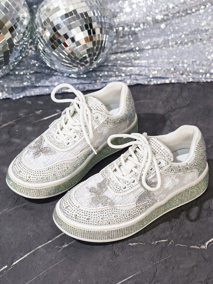 Comfortable Ultra-Light Fully Rhinestoned White Sneakers