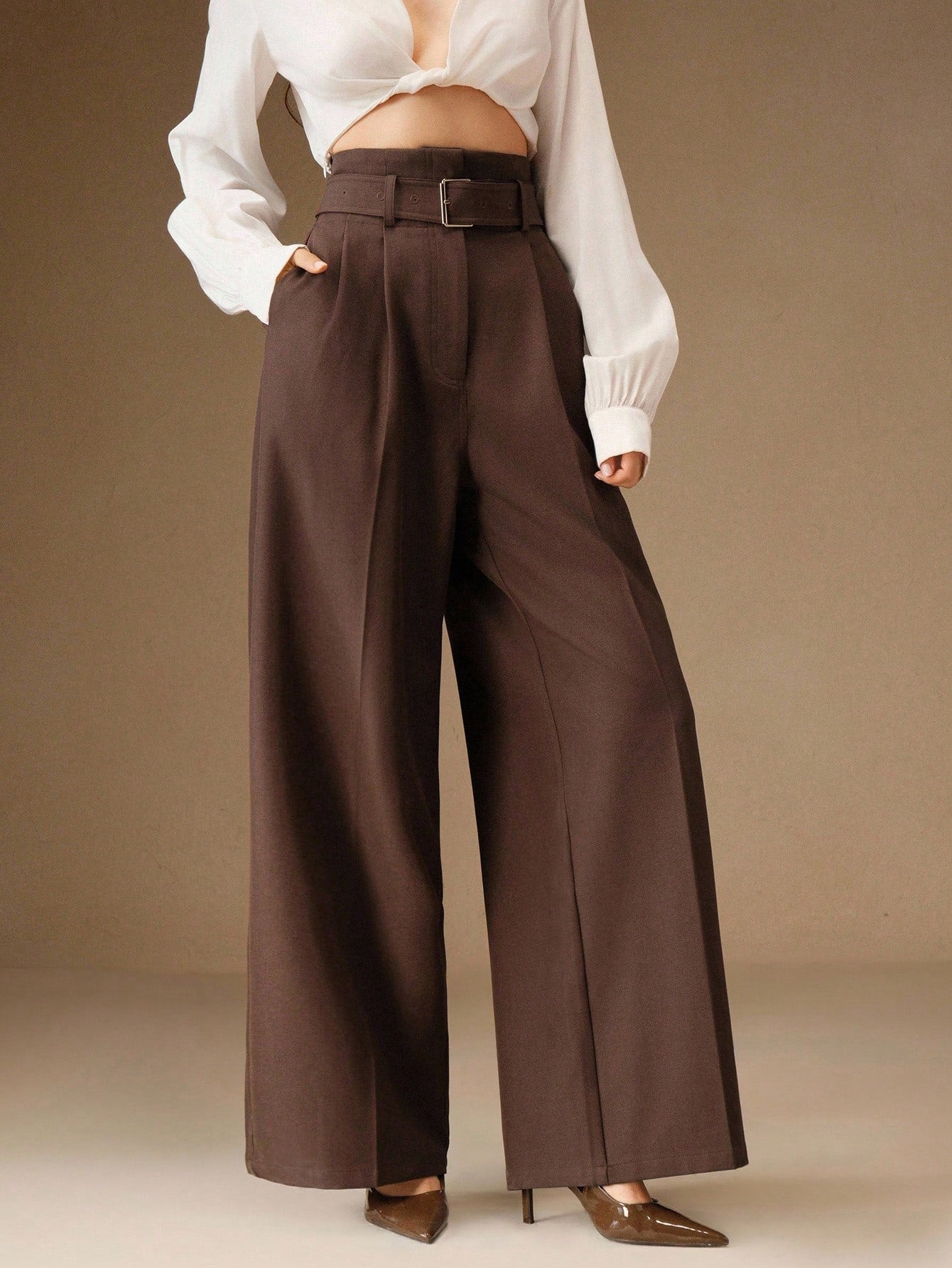Women's Solid Color Pleated Wide Leg Pants