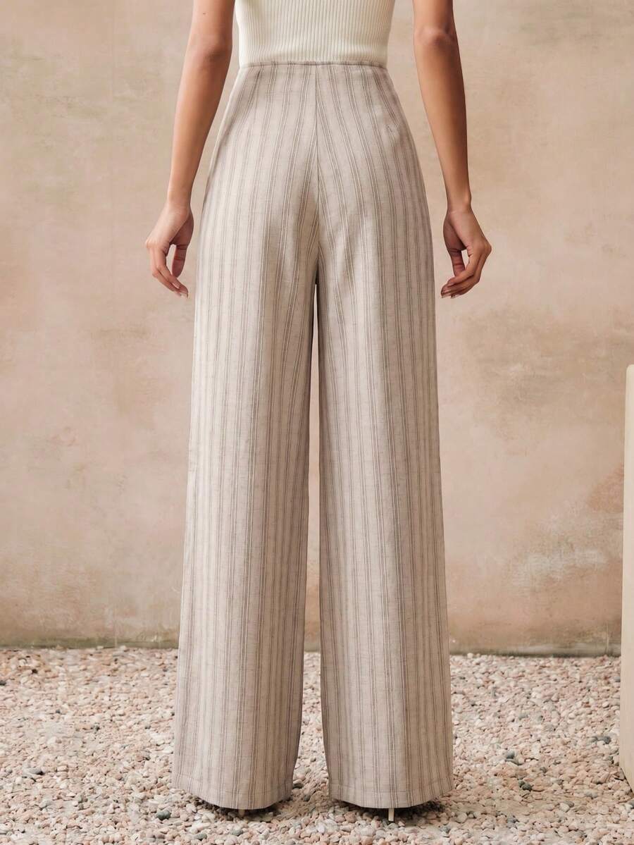 High Waist Pleated A-Line Striped Wide Leg Trousers