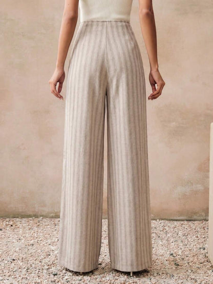 High Waist Pleated A-Line Striped Wide Leg Trousers