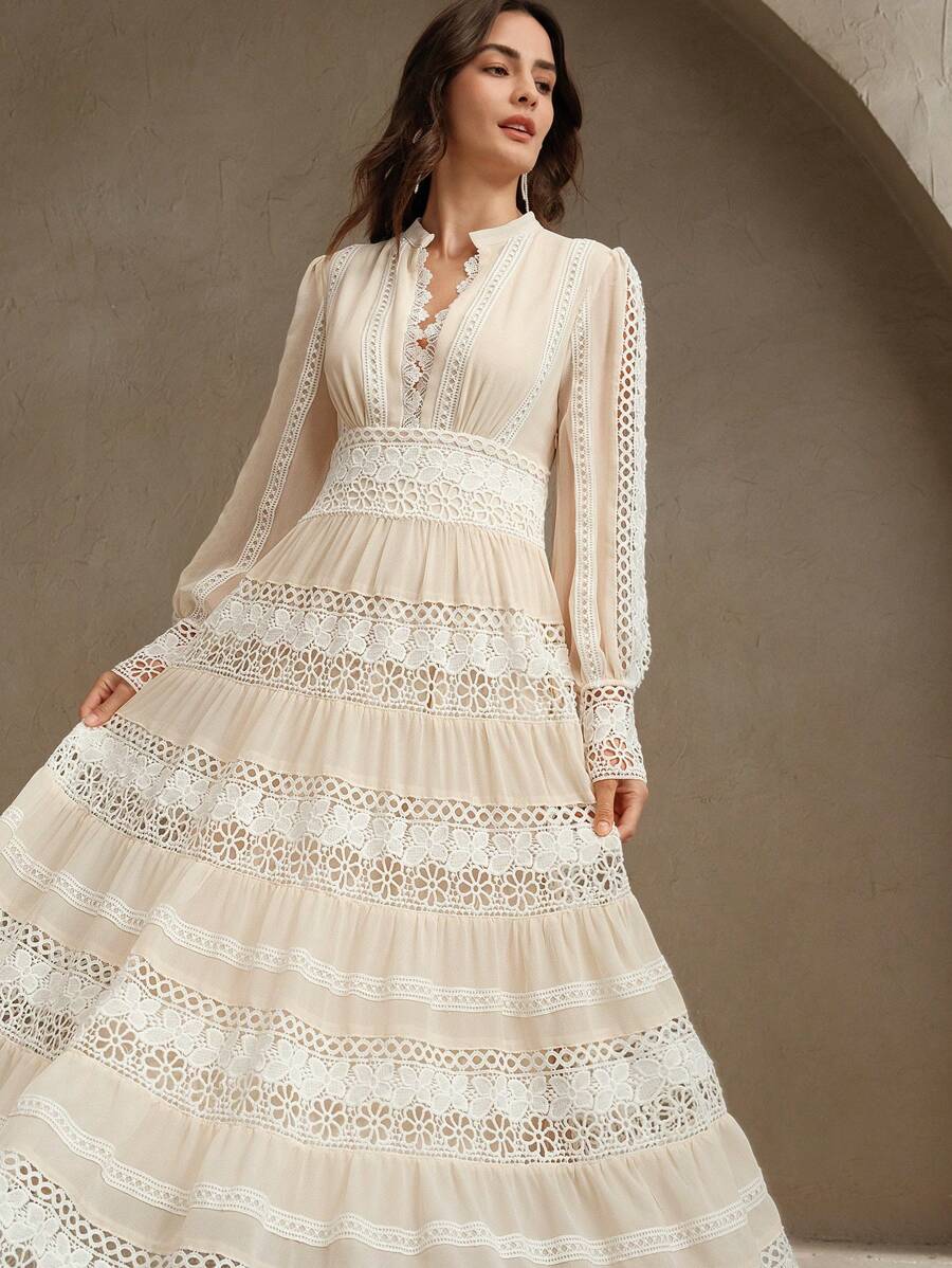 French Fashion Palace Hollow Splice Soft Lace Trim Maxi Dress