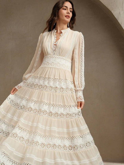 French Fashion Palace Hollow Splice Soft Lace Trim Maxi Dress