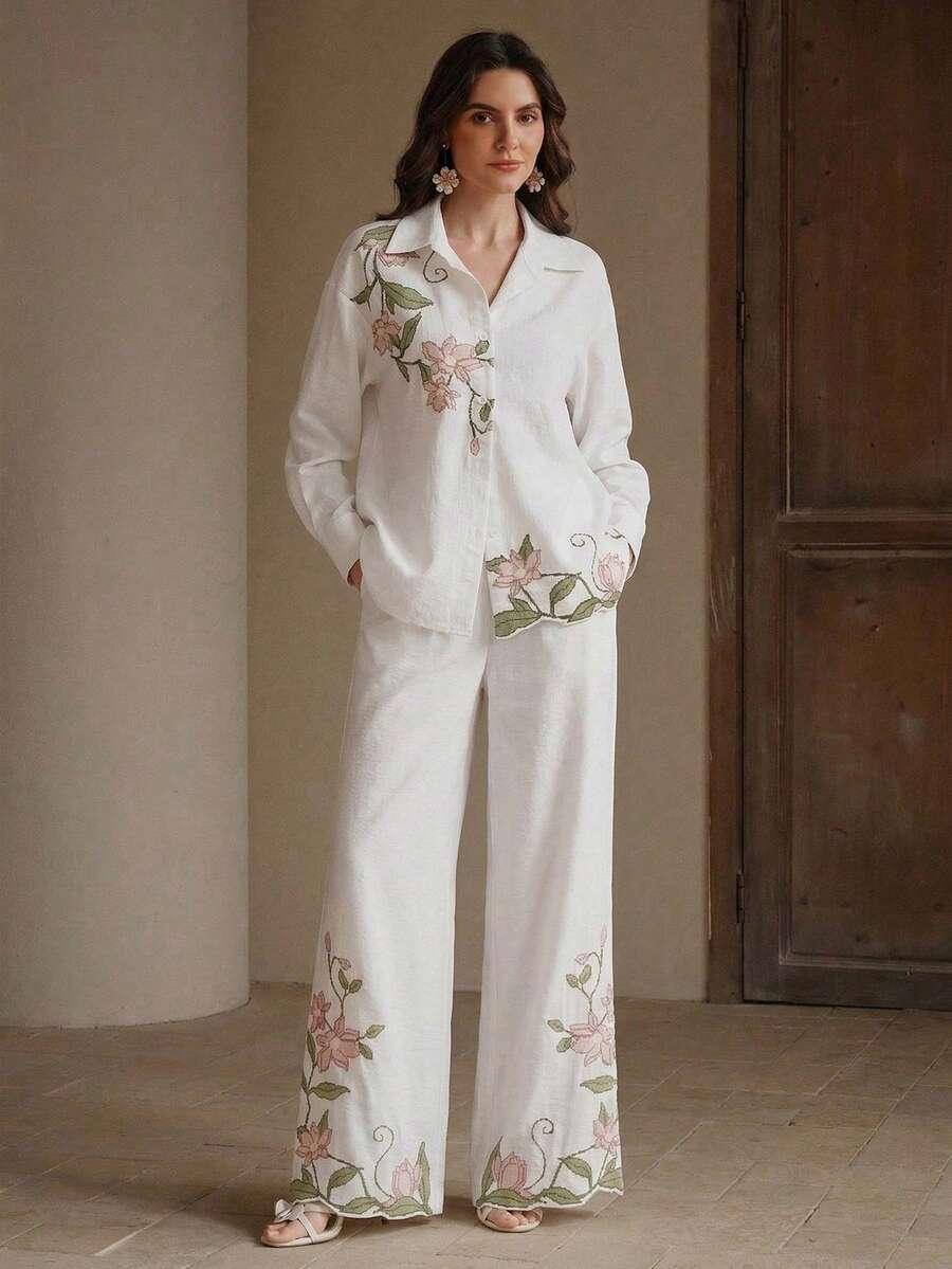 Elegant Embroidered Long Sleeve Casual Blouse For Women
