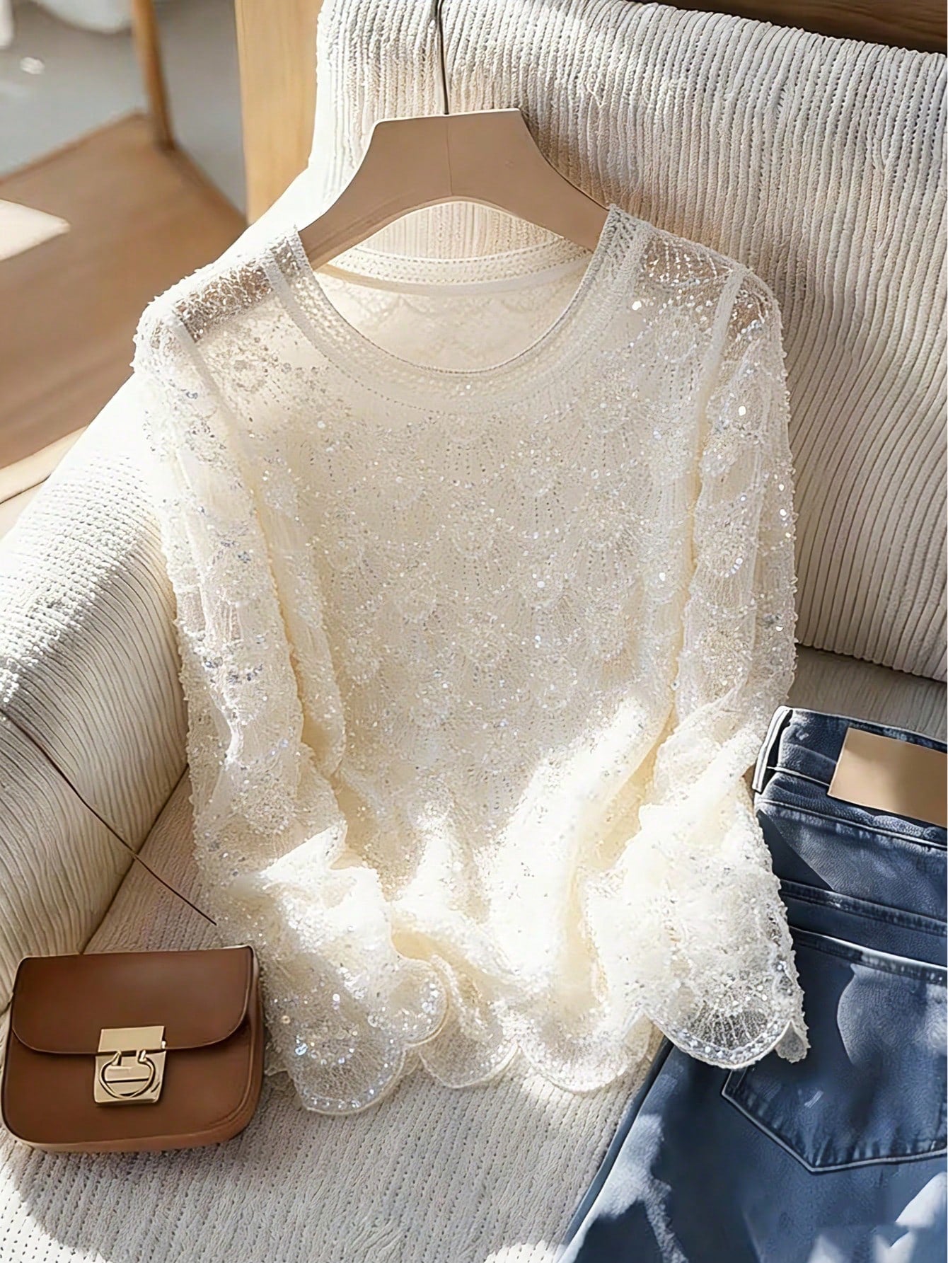 Women's Handmade Faux Pearl Tassel Semi-Sheer Blouse
