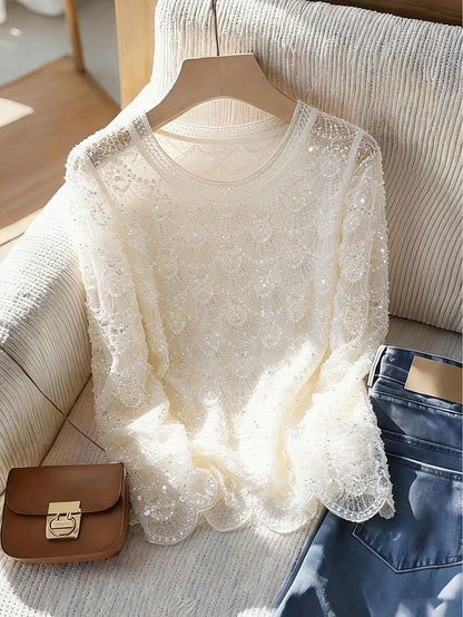 Women's Handmade Faux Pearl Tassel Semi-Sheer Blouse