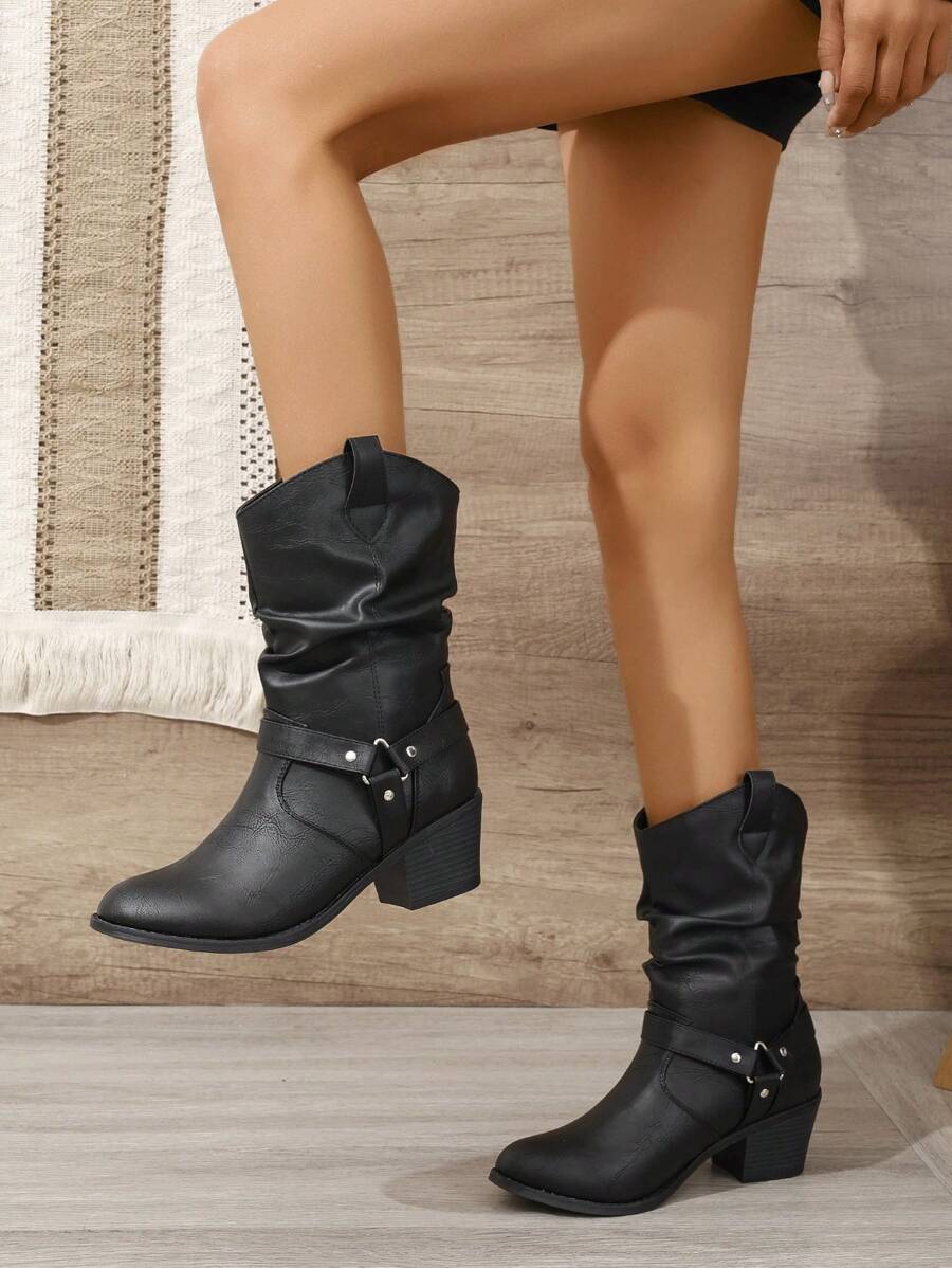 Buckle Decor Mid Calf Casual Riding Boots