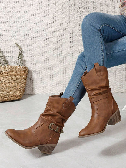Buckle Decor Mid Calf Casual Riding Boots