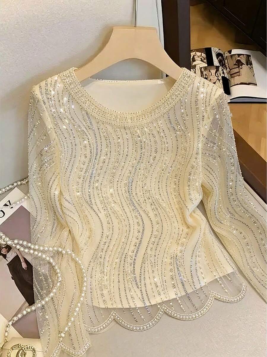 Elegant Luxurious Beaded & Sequin Round Neck Top