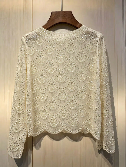 Women's Handmade Faux Pearl Tassel Semi-Sheer Blouse