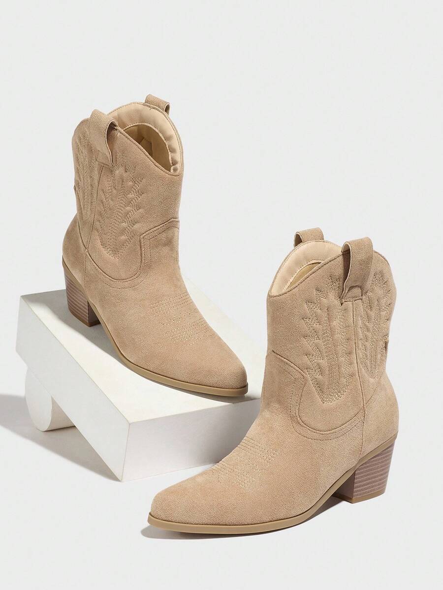 Suede Embroidered Mid-Heel Cowgirl Ankle Boots