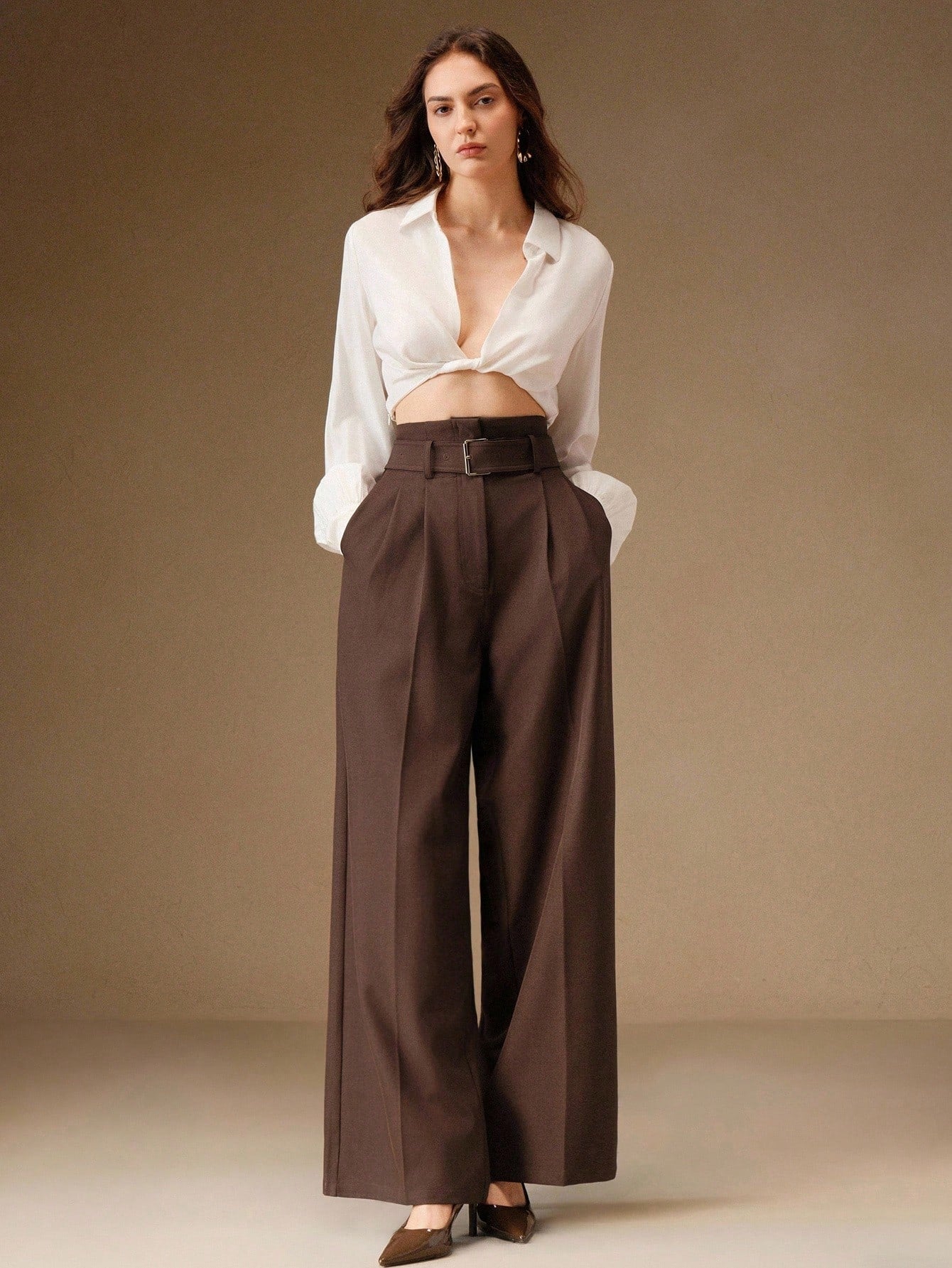 Women's Solid Color Pleated Wide Leg Pants