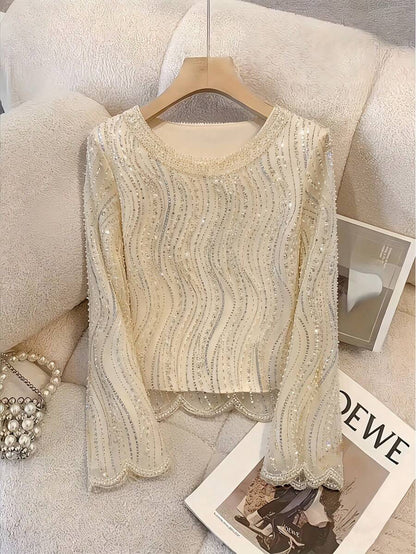 Elegant Luxurious Beaded & Sequin Round Neck Top