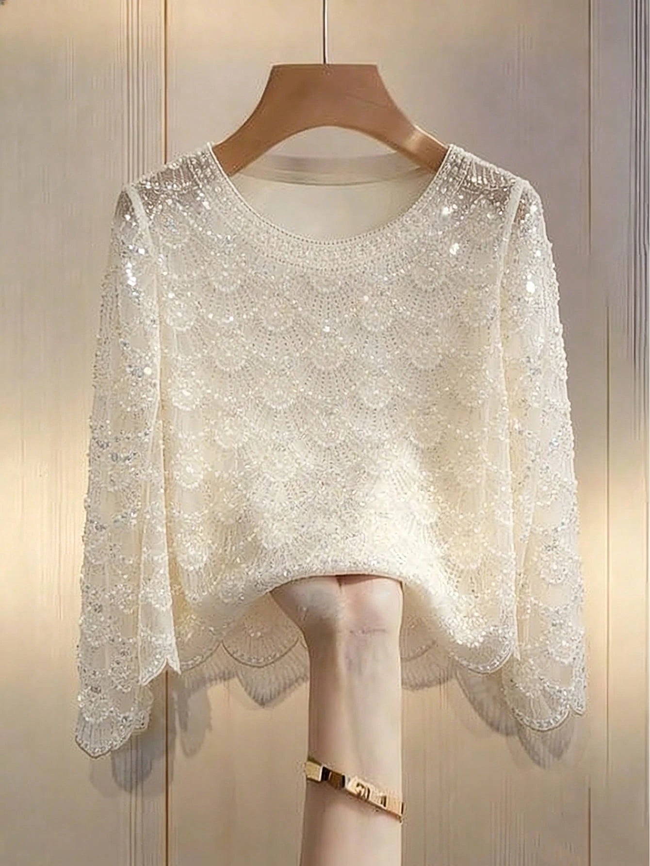 Women's Handmade Faux Pearl Tassel Semi-Sheer Blouse