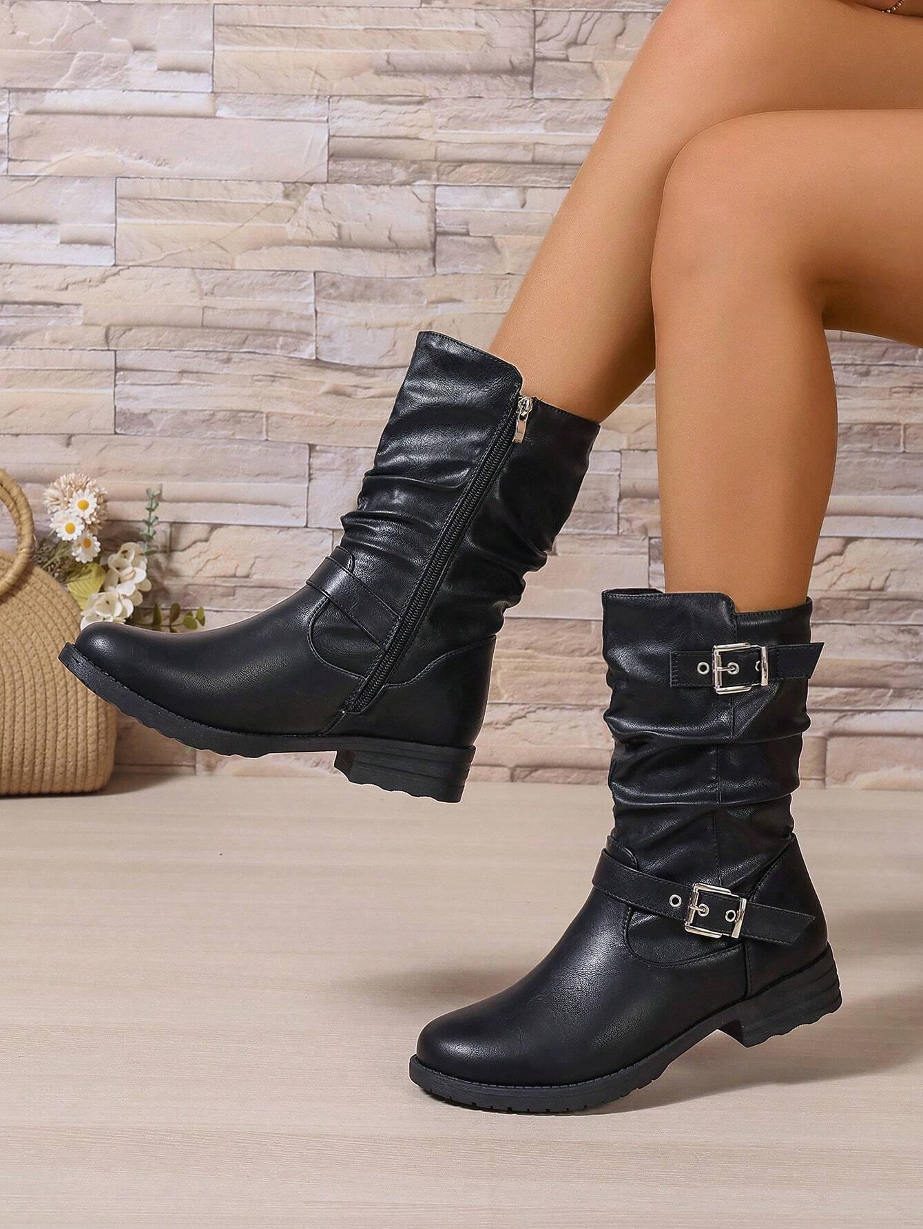 PU Leather Wavy Straps Buckle Patchwork Side Zipper Boots