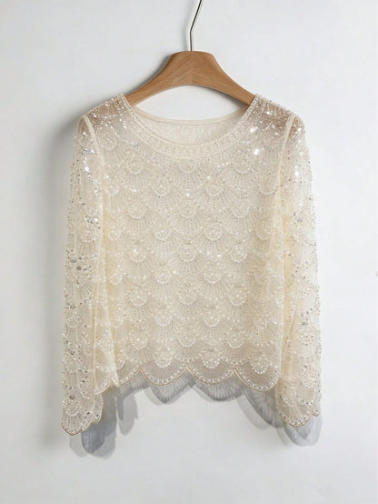 Women's Handmade Faux Pearl Tassel Semi-Sheer Blouse