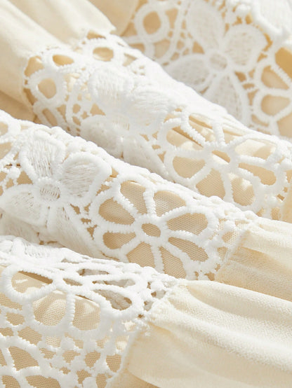 French Fashion Palace Hollow Splice Soft Lace Trim Maxi Dress