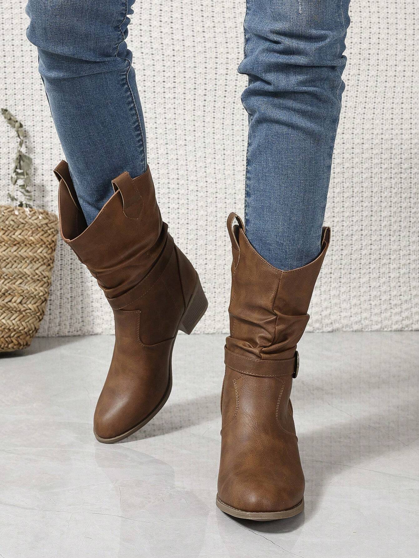 Buckle Decor Mid Calf Casual Riding Boots
