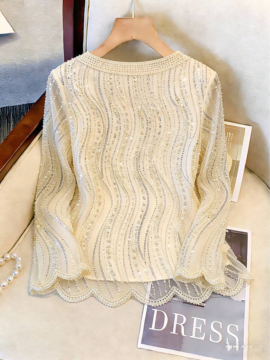 Elegant Luxurious Beaded & Sequin Round Neck Top