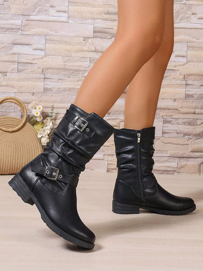 PU Leather Wavy Straps Buckle Patchwork Side Zipper Boots