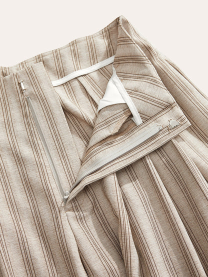 High Waist Pleated A-Line Striped Wide Leg Trousers
