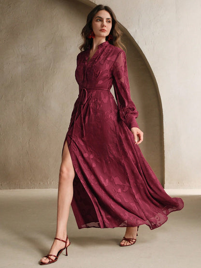 Elegant Floral V-Neck Lantern Sleeve Waist Cinched Dress