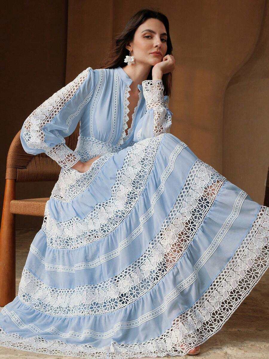 French Fashion Palace Hollow Splice Soft Lace Trim Maxi Dress