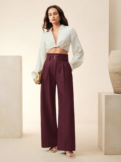 Women's Solid Color Pleated Wide Leg Pants