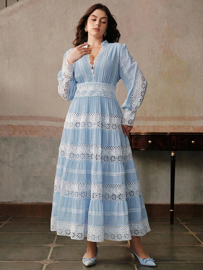 French Fashion Palace Hollow Splice Soft Lace Trim Maxi Dress