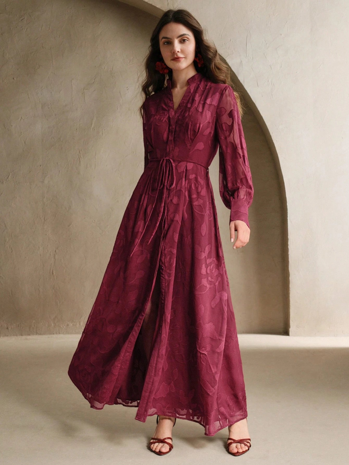 Elegant Floral V-Neck Lantern Sleeve Waist Cinched Dress