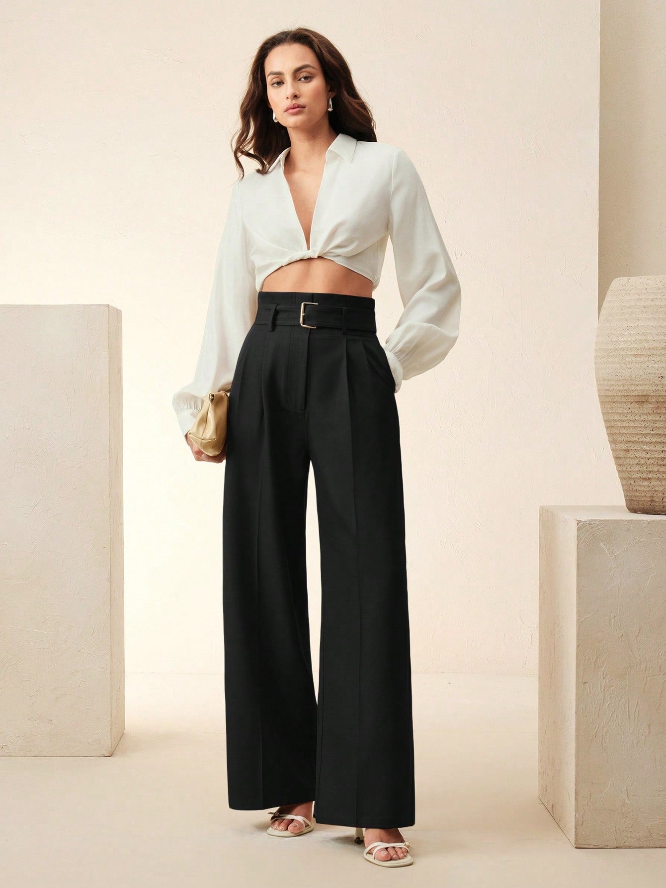Women's Solid Color Pleated Wide Leg Pants