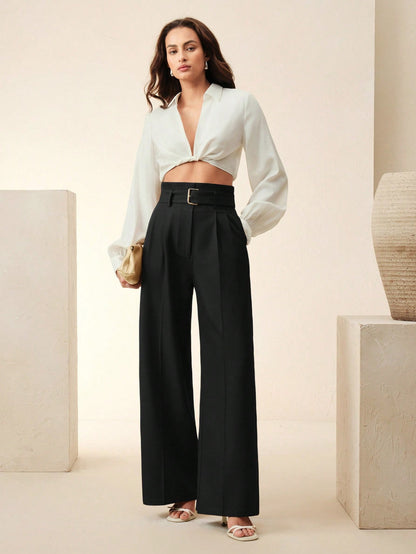 Women's Solid Color Pleated Wide Leg Pants