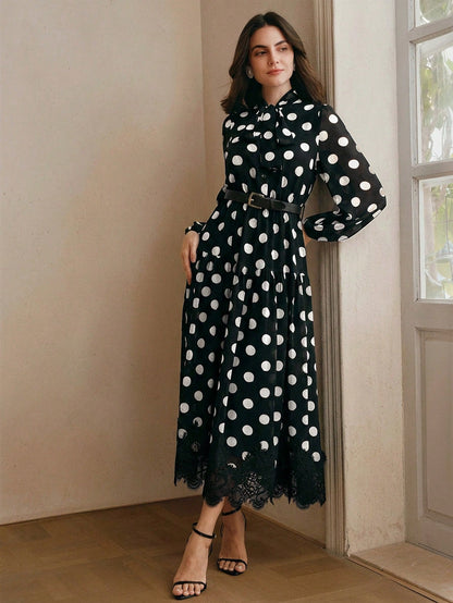 Women's Polka Dot Chiffon Lace Splice Tie Waist Elegant Dress